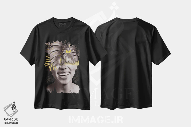 تیشرت مشکی طرح دار زن با برگ زرد دو، تزئینی اثر دانیلو د آلکساندریا | immage.ir