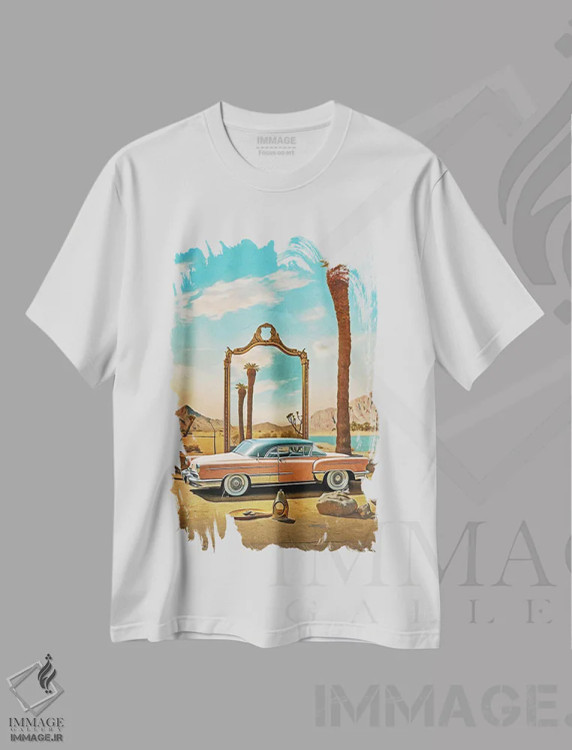 تیشرت سفید طرح دار سوررئالیسم؛ ماشین و آینه، هنر فاخر معاصر اثر دانیلو د آلکساندریا | فروشگاه ایماژ
