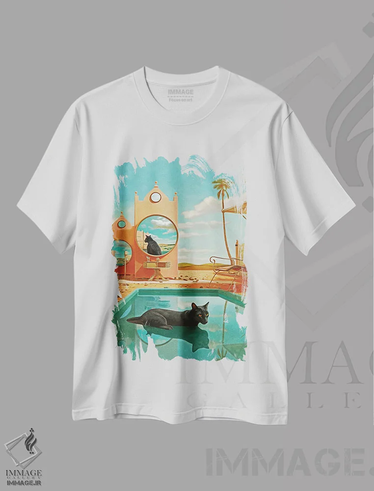 تیشرت سفید طرح دار سوررئالیسم؛ گربه و استخر، هنر فاخر معاصر اثر دانیلو د آلکساندریا | immage.ir