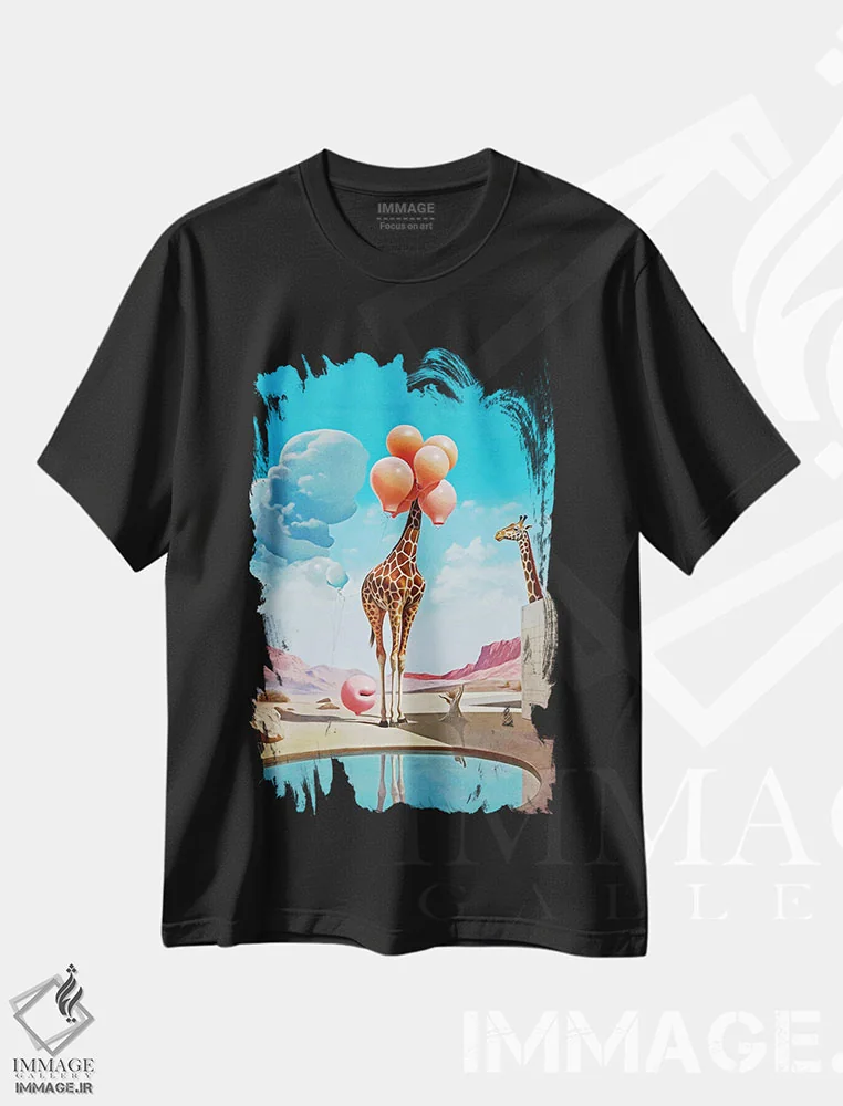 تیشرت مشکی طرح دار سوررئالیسم؛ یوزپلنگ و بادکنک دو، هنر فاخر معاصر اثر دانیلو د آلکساندریا | immage.ir