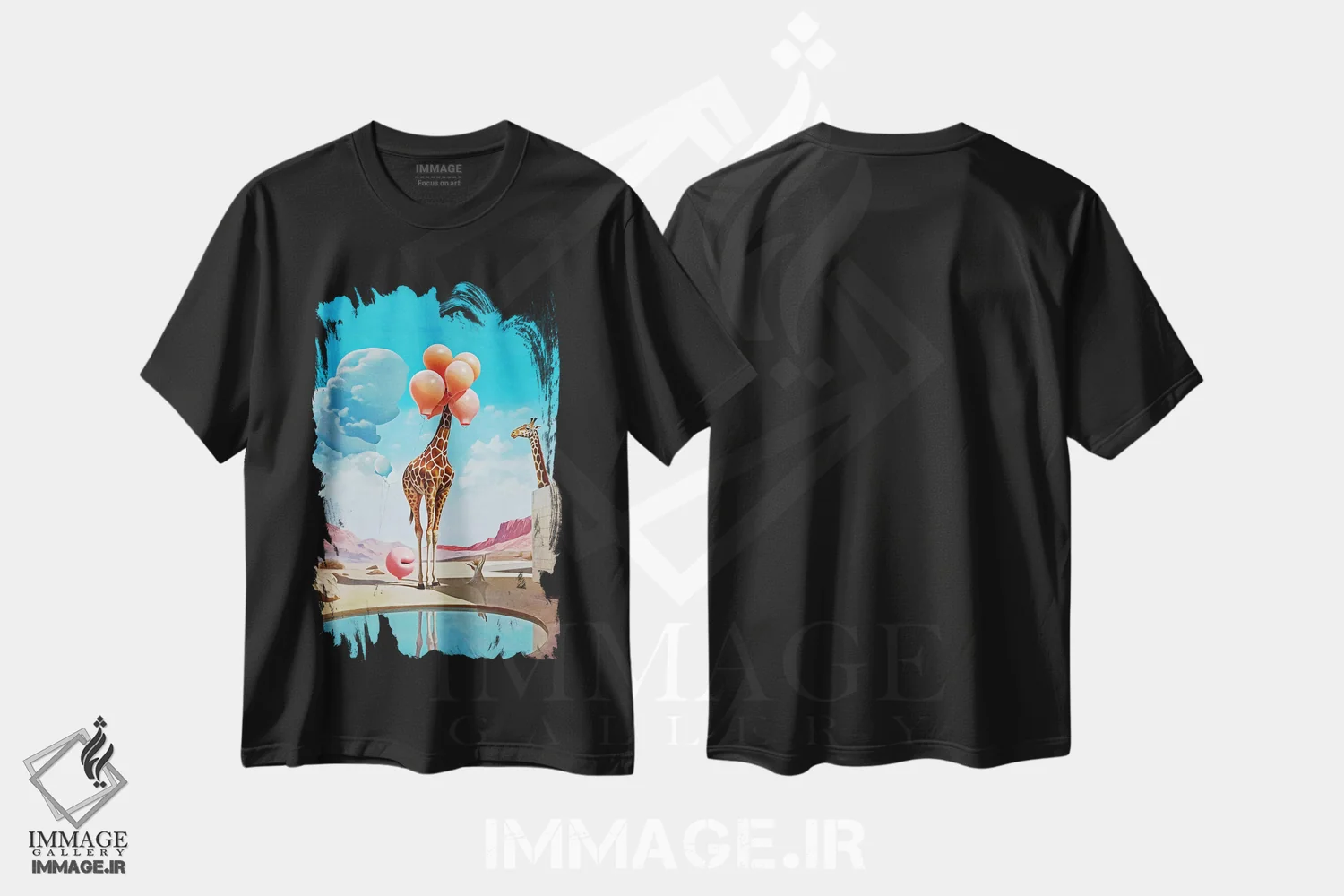 تیشرت مشکی طرح دار سوررئالیسم؛ یوزپلنگ و بادکنک دو، هنر فاخر معاصر اثر دانیلو د آلکساندریا | immage.ir
