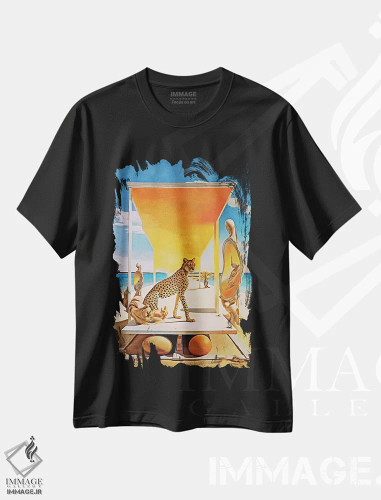 تیشرت مشکی طرح دار سوررئالیسم؛ یوزپلنگ و آینه، هنر فاخر معاصر اثر دانیلو د آلکساندریا | فروشگاه ایماژ