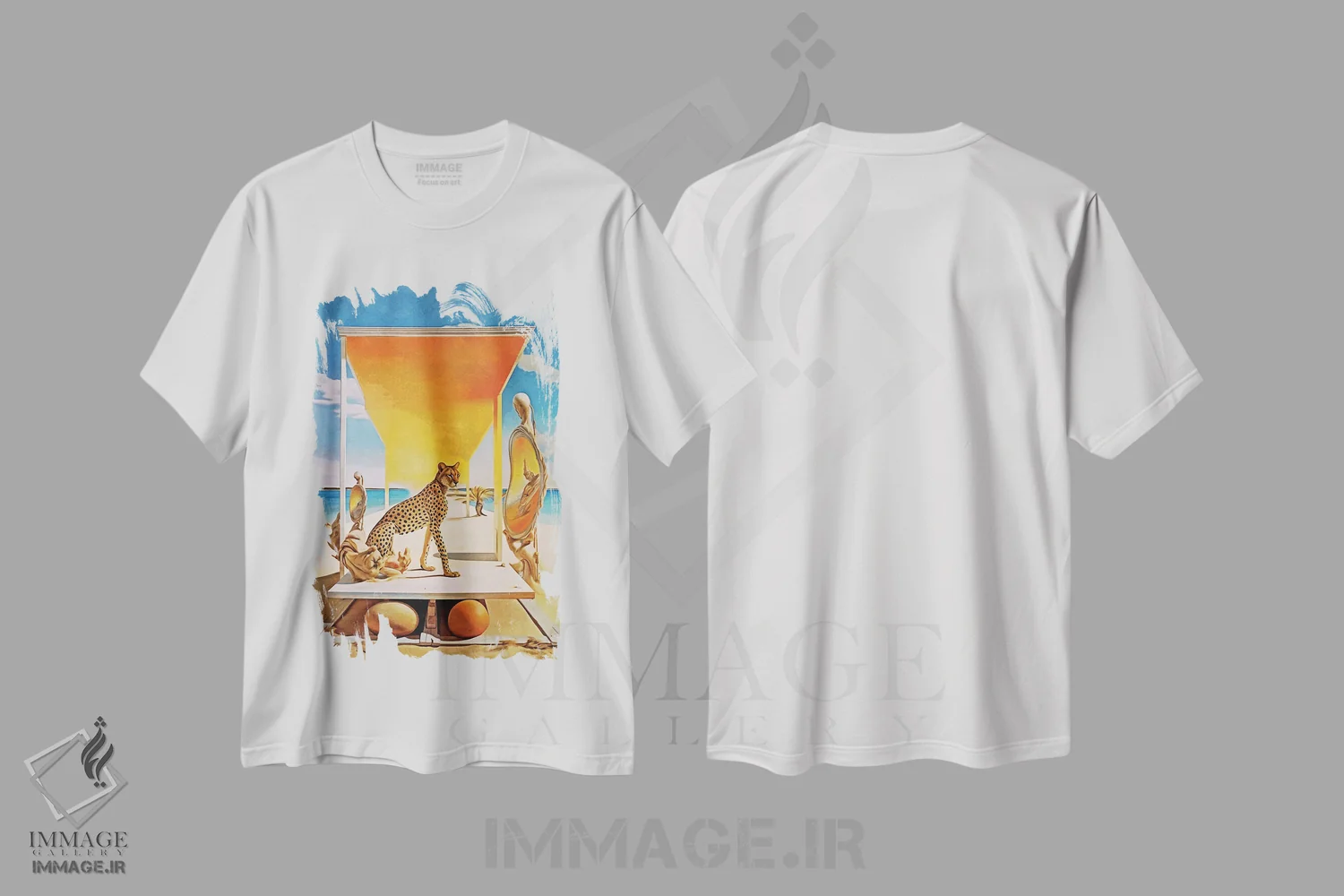 تیشرت سفید طرح دار سوررئالیسم؛ یوزپلنگ و آینه، هنر فاخر معاصر اثر دانیلو د آلکساندریا | immage.ir