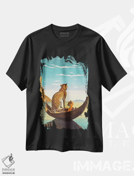 تیشرت مشکی طرح دار سوررئالیسم؛ یوزپلنگ در قایق، هنر دیجیتال اثر دانیلو د آلکساندریا | فروشگاه ایماژ