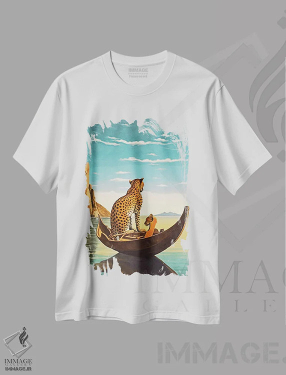 تیشرت سفید طرح دار سوررئالیسم؛ یوزپلنگ در قایق، هنر دیجیتال اثر دانیلو د آلکساندریا | immage.ir