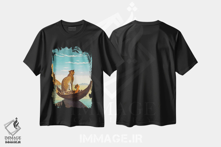 تیشرت مشکی طرح دار سوررئالیسم؛ یوزپلنگ در قایق، هنر دیجیتال اثر دانیلو د آلکساندریا | فروشگاه ایماژ