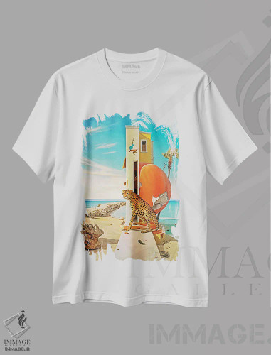 تیشرت سفید طرح دار سوررئالیسم؛ یوزپلنگ روی دیوار، هنر دیجیتال اثر دانیلو د آلکساندریا | فروشگاه ایماژ