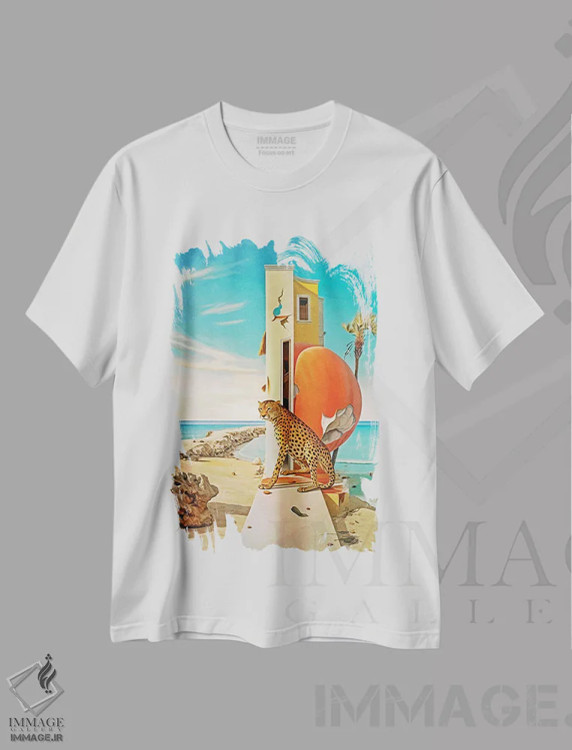 تیشرت سفید طرح دار سوررئالیسم؛ یوزپلنگ روی دیوار، هنر دیجیتال اثر دانیلو د آلکساندریا | فروشگاه ایماژ