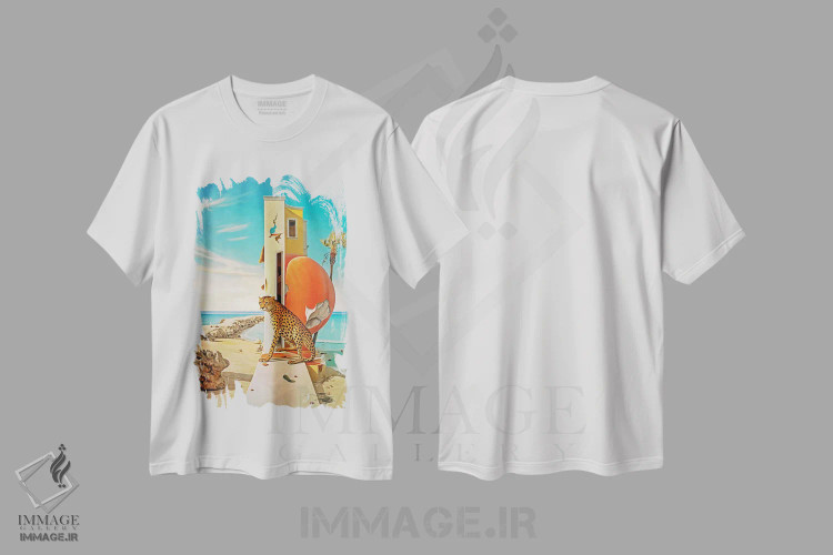 تیشرت سفید طرح دار سوررئالیسم؛ یوزپلنگ روی دیوار، هنر دیجیتال اثر دانیلو د آلکساندریا | فروشگاه ایماژ