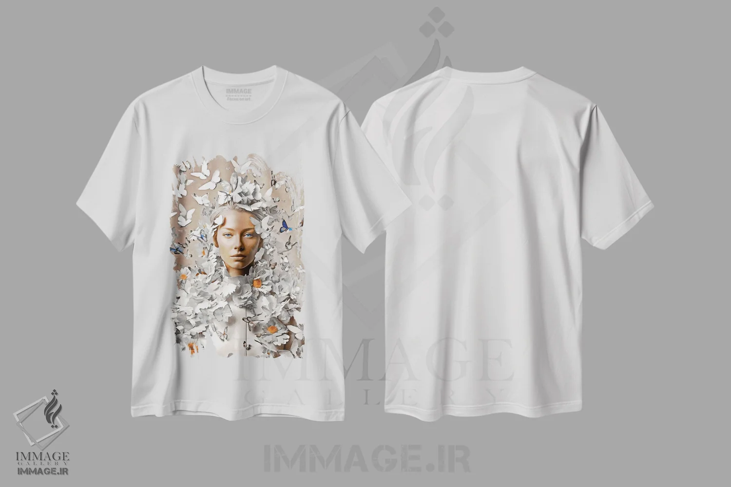 تیشرت سفید طرح دار زن با گل ها و پروانه های سفید، هنر دیجیتال اثر دانیلو د آلکساندریا | فروشگاه ایماژ