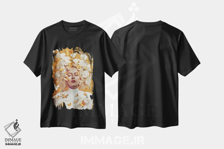 تیشرت مشکی طرح دار زن با گل ها و پروانه های زرد، هنر دیجیتال اثر دانیلو د آلکساندریا | فروشگاه ایماژ