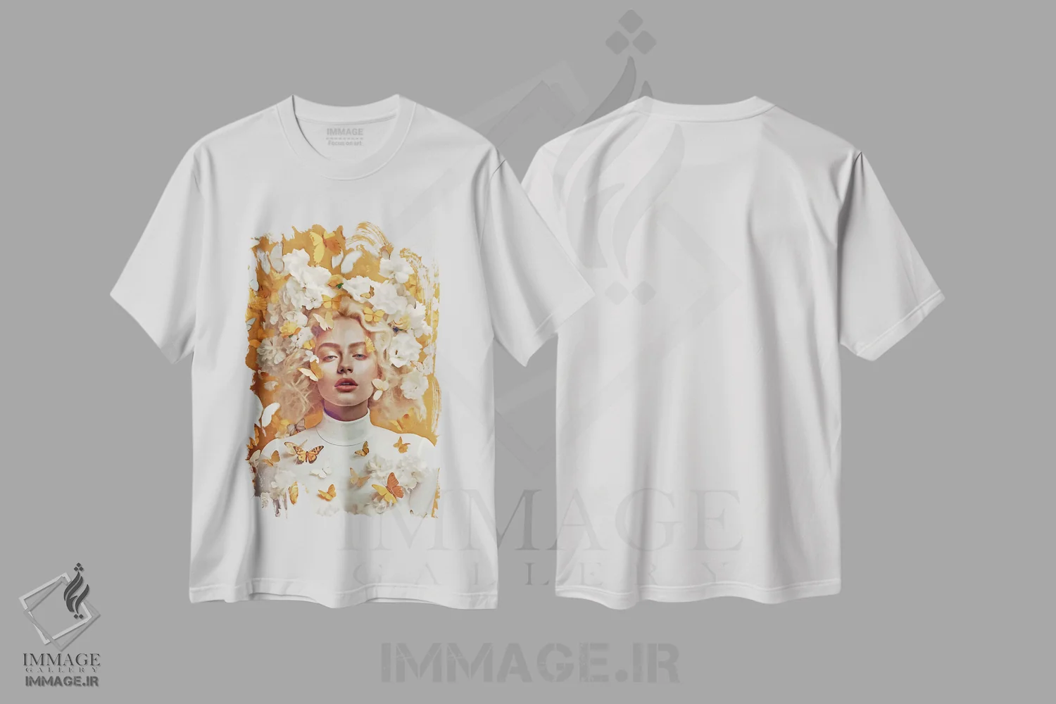 تیشرت سفید طرح دار زن با گل ها و پروانه های زرد، هنر دیجیتال اثر دانیلو د آلکساندریا | immage.ir