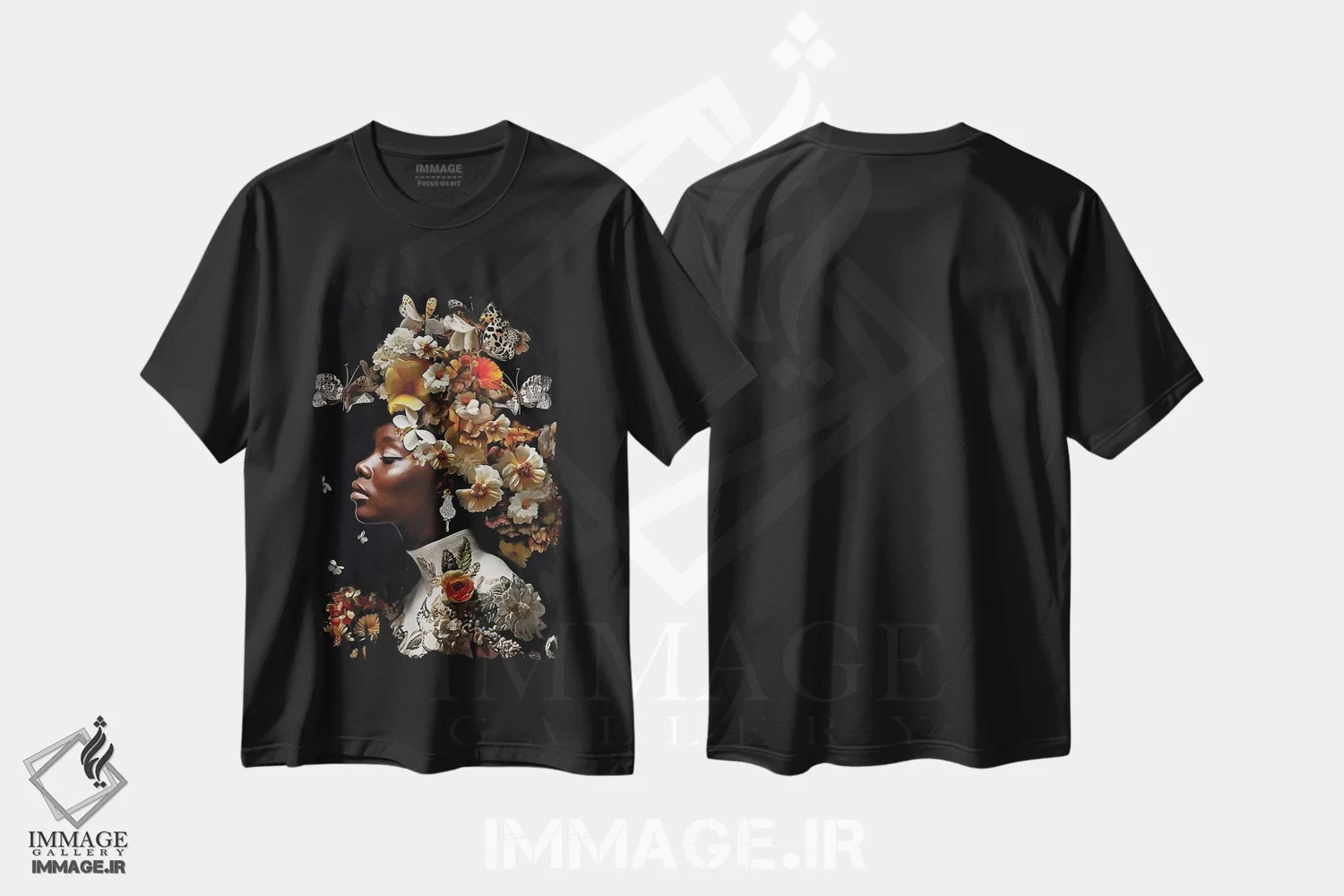 تیشرت مشکی طرح دار زن با گل ها و طلای سفید، هنر آمریکایی آفریقایی تبار اثر دانیلو د آلکساندریا | فروشگاه ایماژ