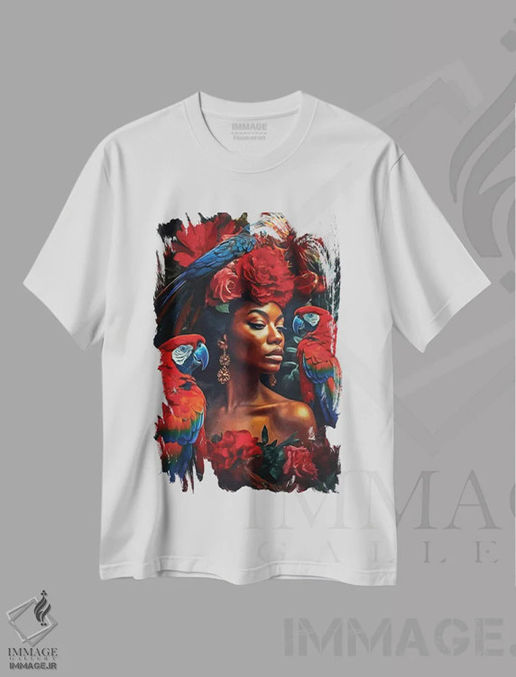تیشرت سفید طرح دار زن گل دار با ماکائوها، هنر دیجیتال اثر دانیلو د آلکساندریا | immage.ir