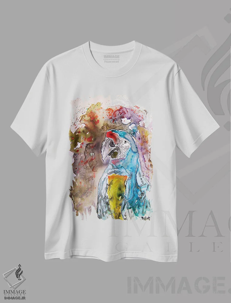 تیشرت سفید طرح دار هنر یوپو: طوطی ماکائو، تزئینی اثر درک مک کری | فروشگاه ایماژ