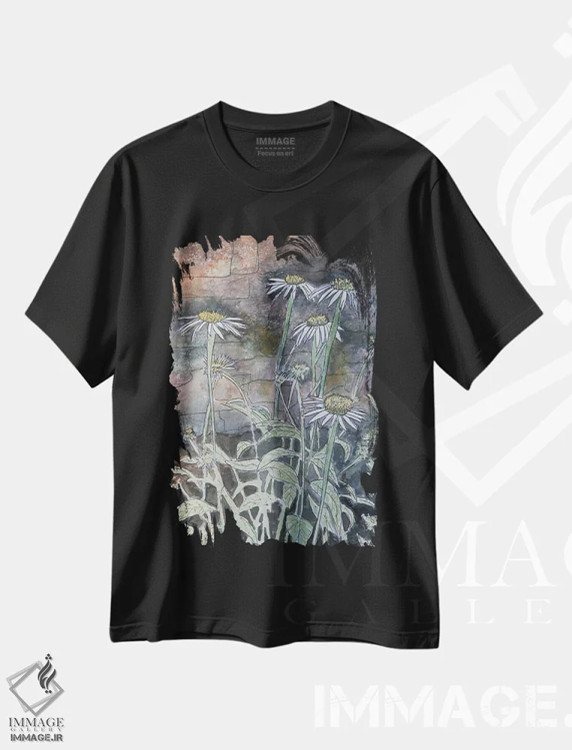 تیشرت مشکی طرح دار گل های مارجریتا، دکور معاصر اثر درک مک کری | فروشگاه ایماژ