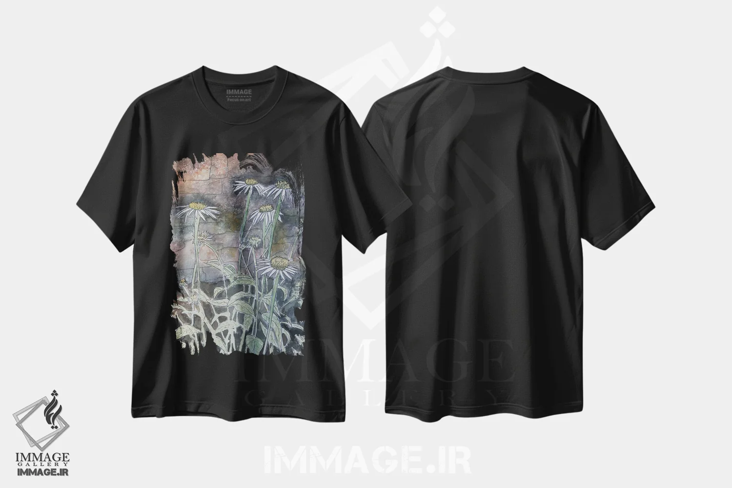 تیشرت مشکی طرح دار گل های مارجریتا، دکور معاصر اثر درک مک کری | فروشگاه ایماژ