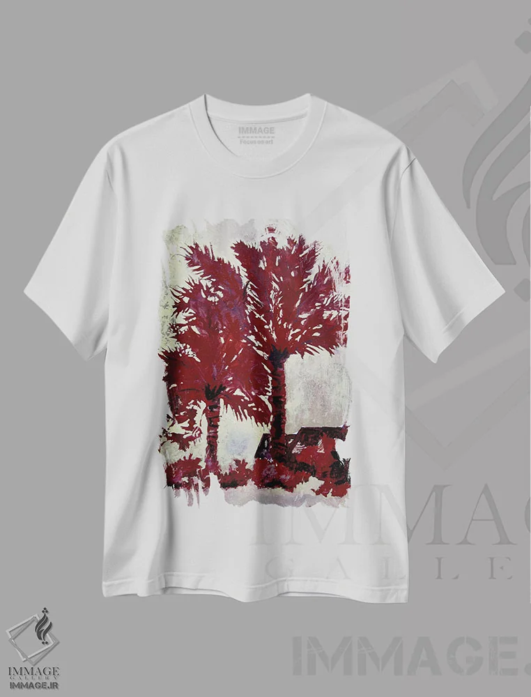 تیشرت سفید طرح دار درختان نخل، دکور معاصر اثر درک مک کری | فروشگاه ایماژ