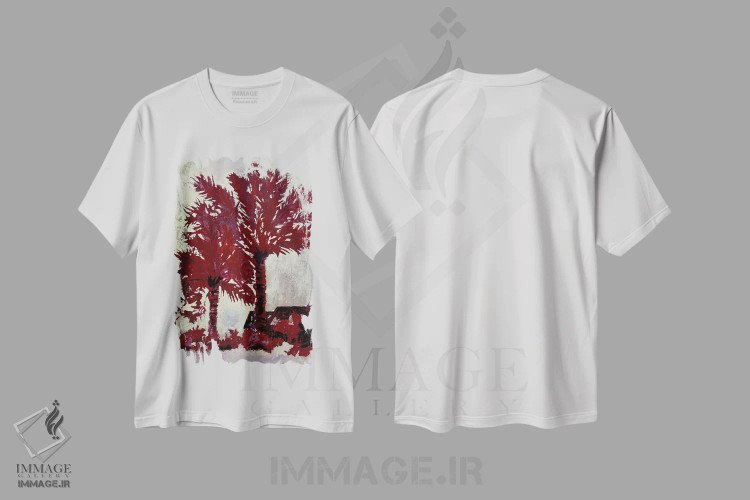 تیشرت سفید طرح دار درختان نخل، دکور معاصر اثر درک مک کری | فروشگاه ایماژ