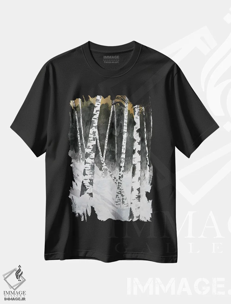 تیشرت مشکی طرح دار درختان غان، دکور معاصر اثر درک مک کری | فروشگاه ایماژ