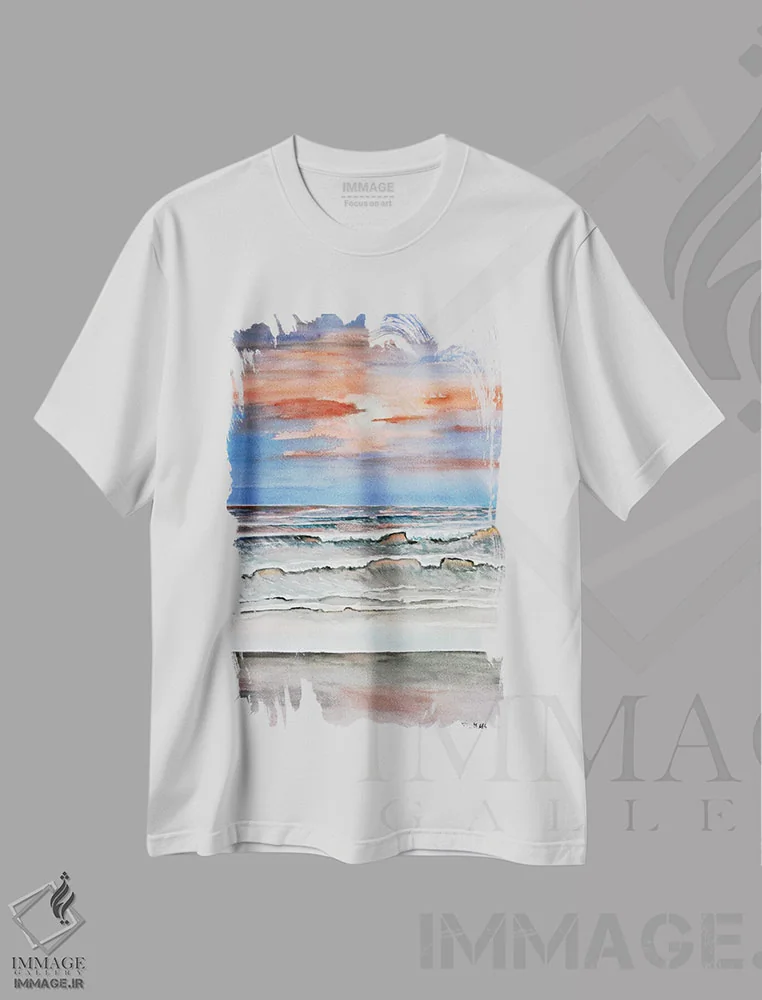 تیشرت سفید طرح دار ساحل در غروب آفتاب، دکور ساحلی اثر درک مک کری | فروشگاه ایماژ