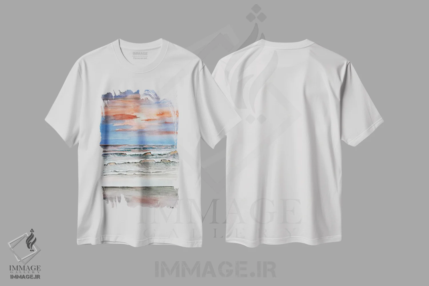 تیشرت سفید طرح دار ساحل در غروب آفتاب، دکور ساحلی اثر درک مک کری | فروشگاه ایماژ