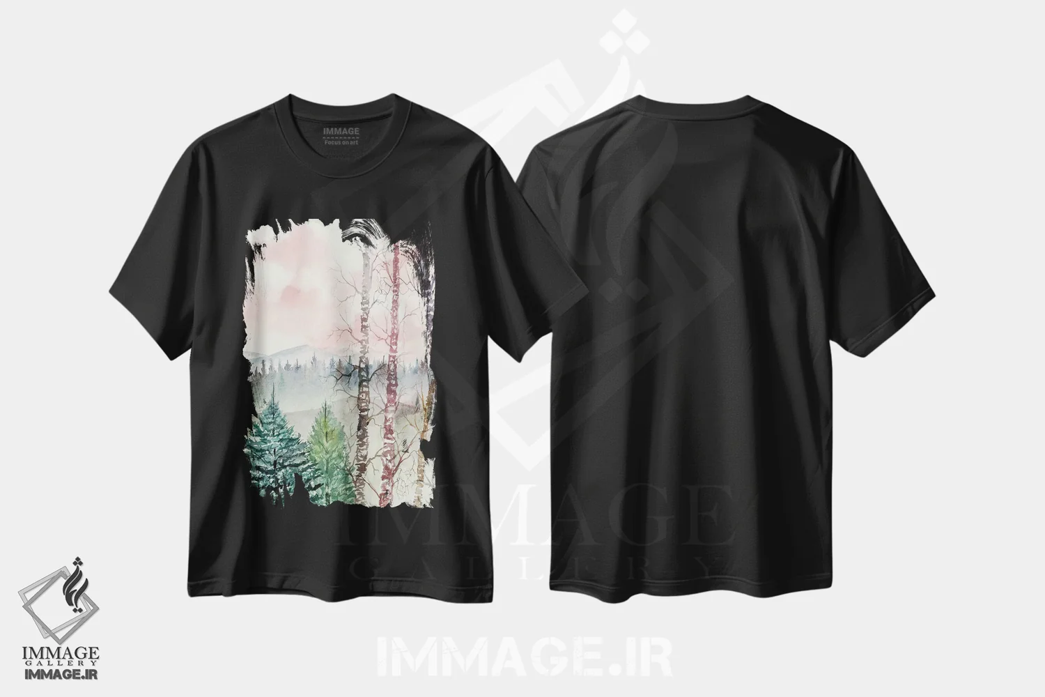 تیشرت مشکی طرح دار درختان غان، چشم انداز زمستانی، دکور معاصر اثر درک مک کری | فروشگاه ایماژ