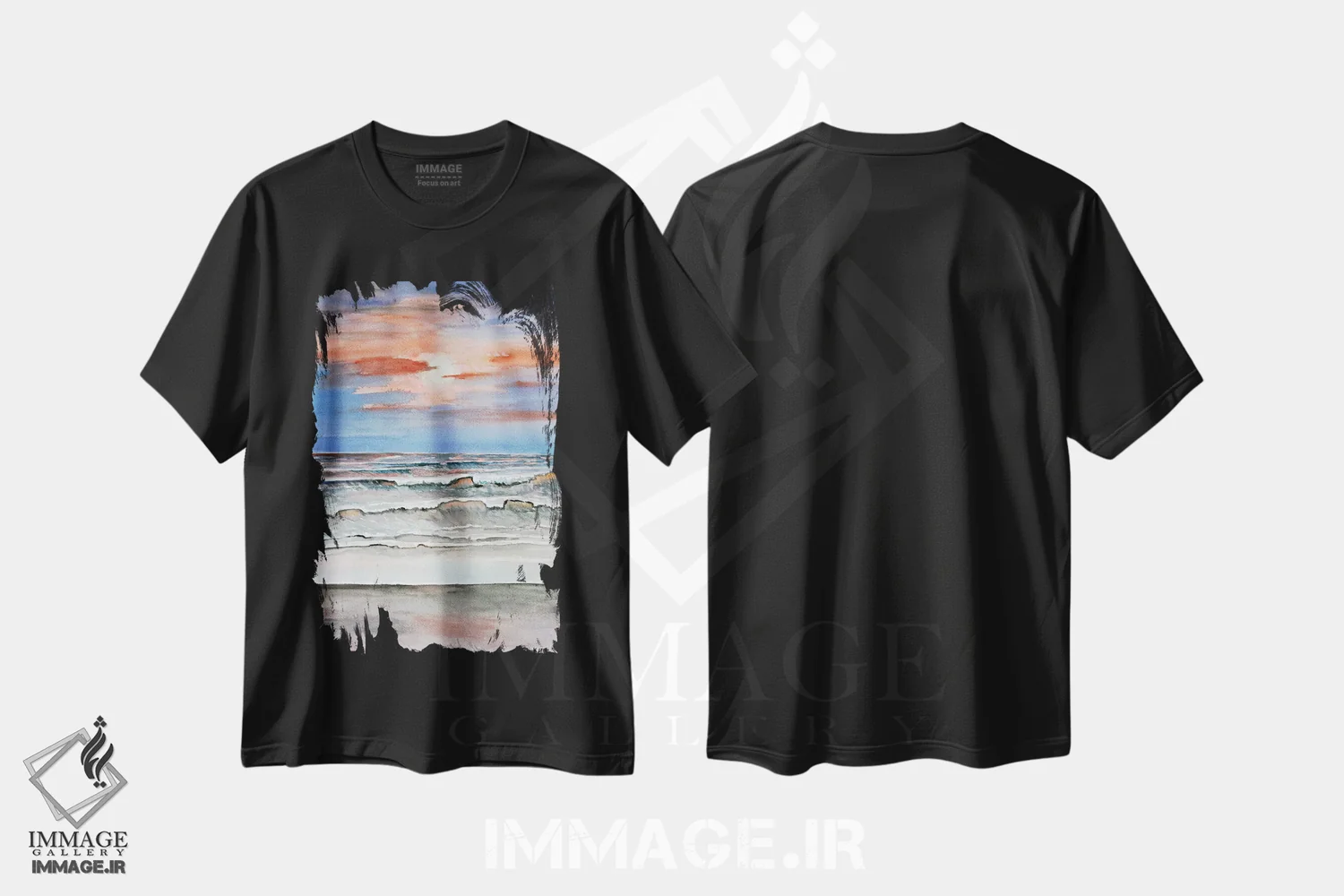 تیشرت مشکی طرح دار ساحل در غروب آفتاب، دکور ساحلی اثر درک مک کری | immage.ir