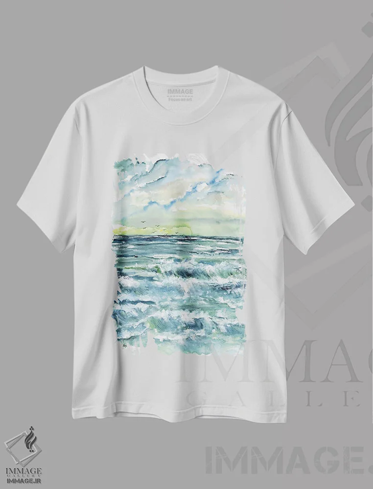 تیشرت سفید طرح دار چشم انداز دریا با موج ها، دکور ساحلی اثر درک مک کری | فروشگاه ایماژ