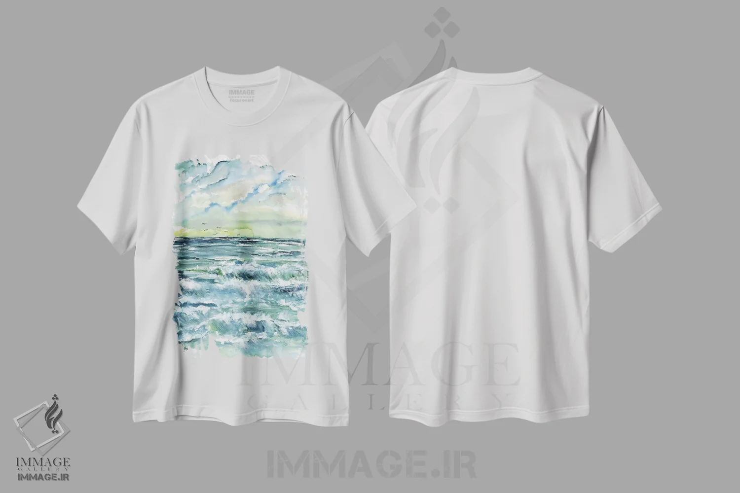 تیشرت سفید طرح دار چشم انداز دریا با موج ها، دکور ساحلی اثر درک مک کری | فروشگاه ایماژ