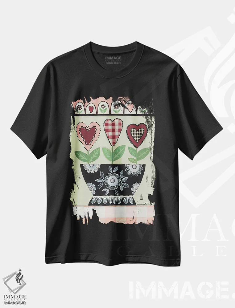 تیشرت مشکی طرح دار سه گانهٔ ولنتاین، دکور معاصر اثر برنادت دمینگ | فروشگاه ایماژ