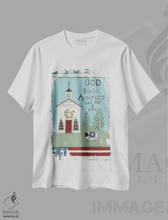 تیشرت سفید طرح دار خدایا آمریکا را حفظ کن، دکور آمریکایی اثر برنادت دمینگ | فروشگاه ایماژ