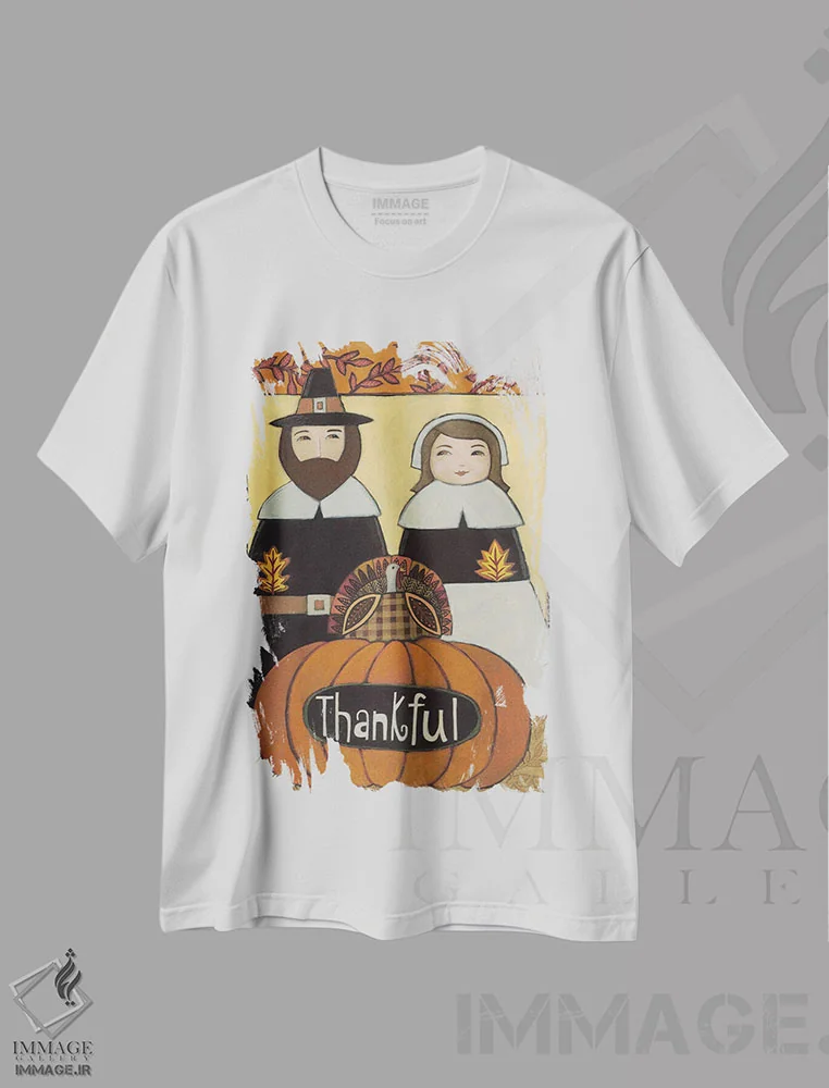 تیشرت سفید طرح دار زائران سپاسگزار، مدیوم اثر برنادت دمینگ | فروشگاه ایماژ