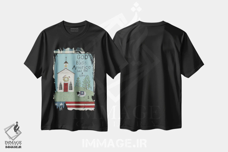 تیشرت مشکی طرح دار خدایا آمریکا را حفظ کن، دکور آمریکایی اثر برنادت دمینگ | immage.ir