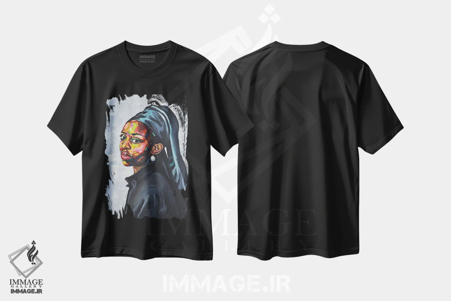 تیشرت مشکی طرح دار دختر با گوشواره مروارید، هنر آمریکایی آفریقایی تبار اثر دامولا آیگبایو | فروشگاه ایماژ