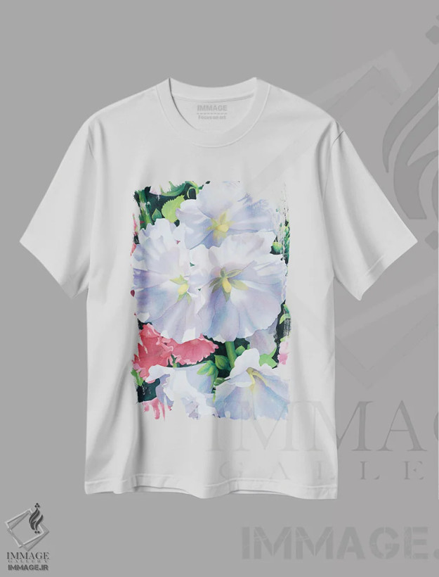 تیشرت سفید طرح دار قدم زنی - گل های ختمی، دکور معاصر اثر دیانا میلر-پیرس | فروشگاه ایماژ