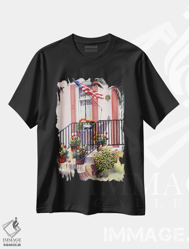 تیشرت مشکی طرح دار سرخ ها، سفیدها و آبی ها، دکور آمریکایی اثر دیانا میلر-پیرس | فروشگاه ایماژ