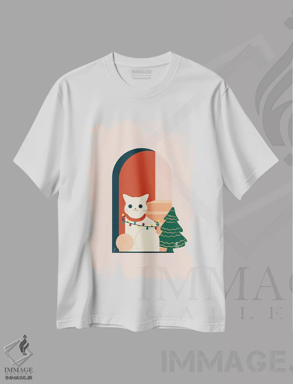 تیشرت سفید طرح دار گربه کریسمس، حیوانات کریسمسی اثر دومونیک براون | فروشگاه ایماژ