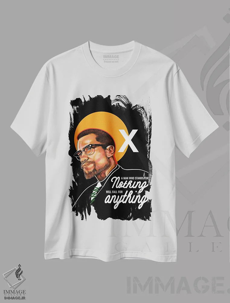 تیشرت سفید طرح دار مالکوم ایکس، هنر دیجیتال اثر دومونیک براون | فروشگاه ایماژ