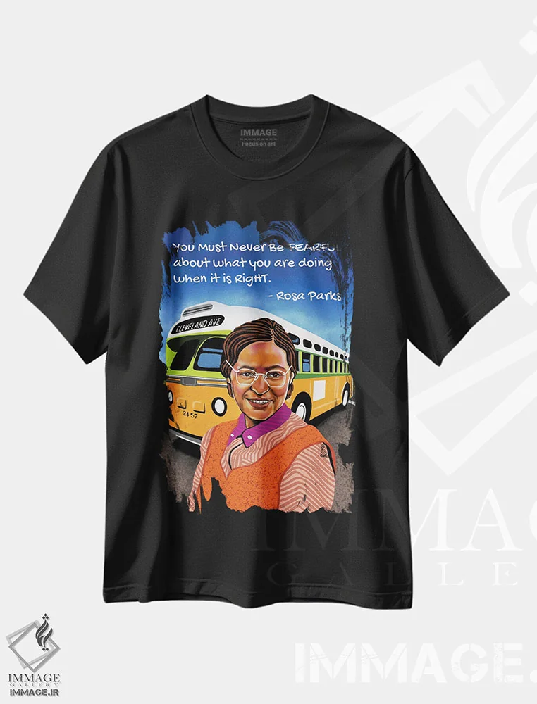 تیشرت مشکی طرح دار رزا پارکس، هنر آمریکایی آفریقایی تبار اثر دومونیک براون | immage.ir