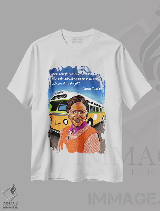 تیشرت سفید طرح دار رزا پارکس، هنر آمریکایی آفریقایی تبار اثر دومونیک براون | فروشگاه ایماژ