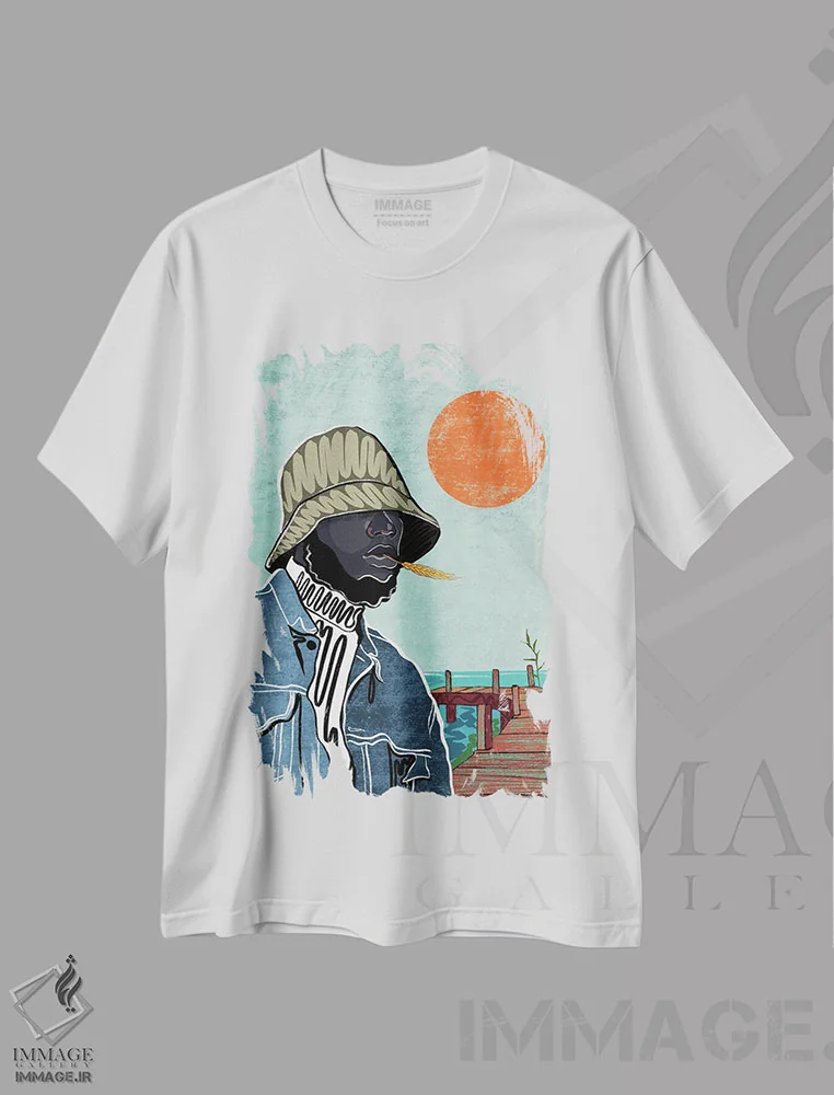 تیشرت سفید طرح دار بری ماهیگیر، هنر آمریکایی آفریقایی تبار اثر دومونیک براون | فروشگاه ایماژ