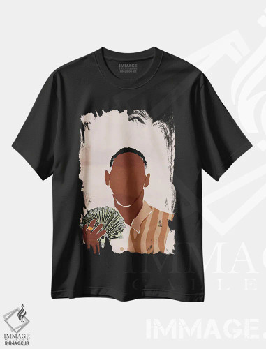 تیشرت مشکی طرح دار من یک مرد ثروتمندم، هنر آمریکایی آفریقایی تبار اثر دومونیک براون | فروشگاه ایماژ