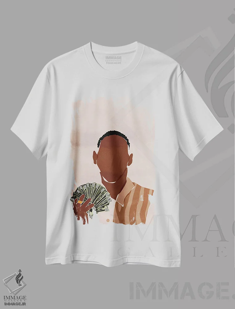 تیشرت سفید طرح دار من یک مرد ثروتمندم، هنر آمریکایی آفریقایی تبار اثر دومونیک براون | immage.ir