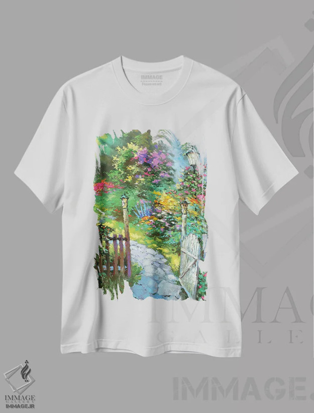 تیشرت سفید طرح دار طلوع در باغ، مدیوم اثر دمیتری اسپیروس | فروشگاه ایماژ