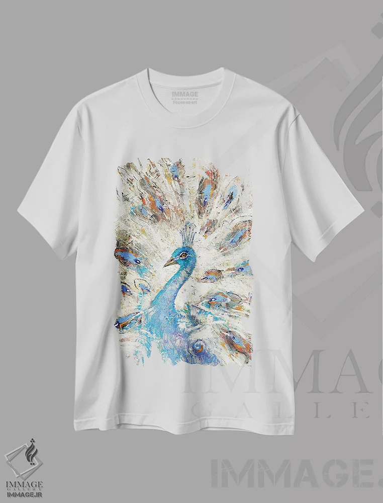 تیشرت سفید طرح دار طاووس آبی، مدیوم اثر دمیتری اسپیروس | فروشگاه ایماژ