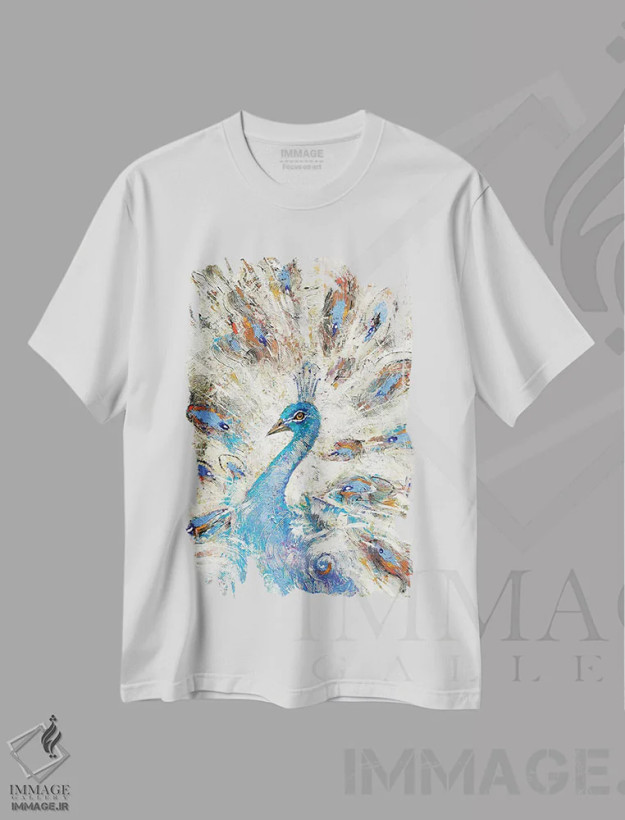 تیشرت سفید طرح دار طاووس آبی، مدیوم اثر دمیتری اسپیروس | فروشگاه ایماژ
