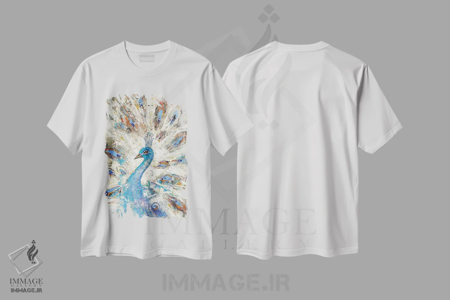 تیشرت سفید طرح دار طاووس آبی، مدیوم اثر دمیتری اسپیروس | فروشگاه ایماژ