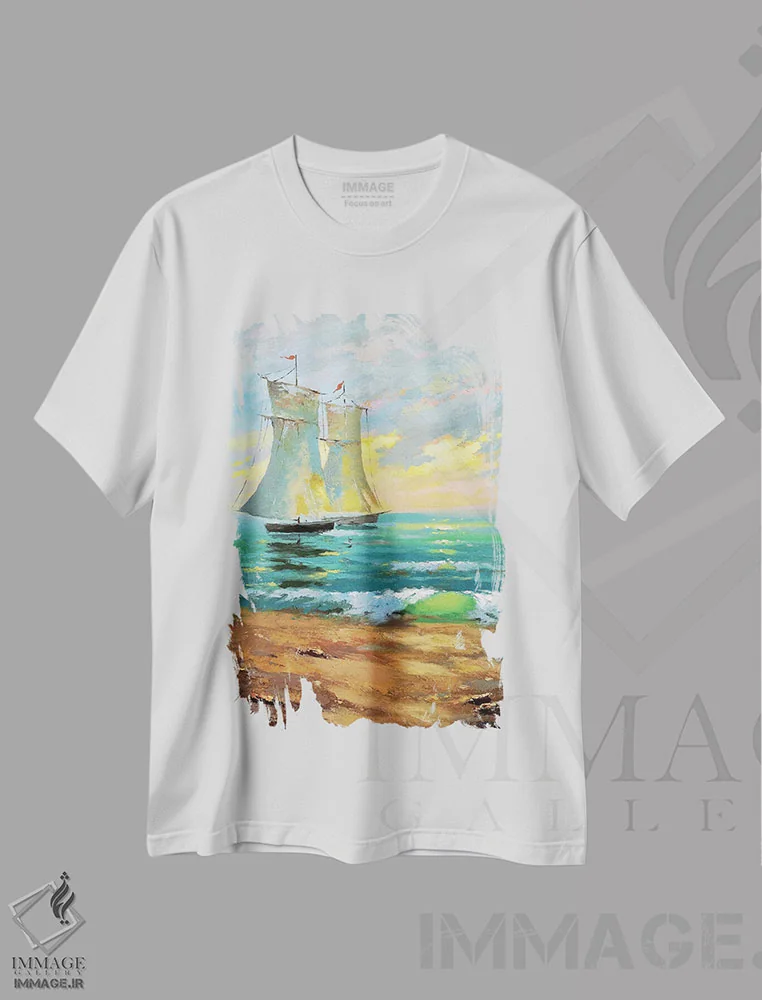 تیشرت سفید طرح دار قایق ها و غروب آفتاب ۲، مدیوم اثر دمیتری اسپیروس | فروشگاه ایماژ