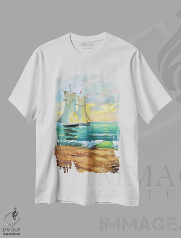 تیشرت سفید طرح دار قایق ها و غروب آفتاب ۲، مدیوم اثر دمیتری اسپیروس | فروشگاه ایماژ